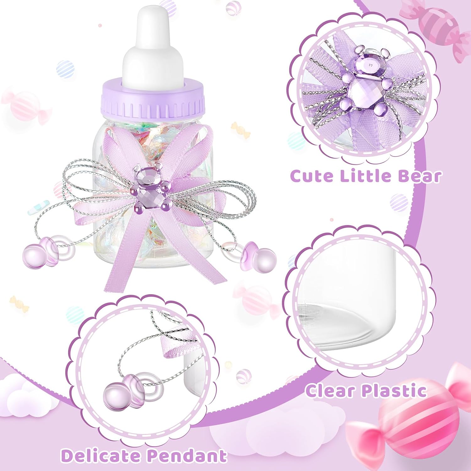 Nuenen 48 Pcs Baby Shower Milk Bottles with Ribbon Plastic Bear Candy Bottles Baby Shower Favors Gender Reveal Wedding Birthday Party Decorations (Purple)