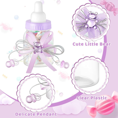 Nuenen 48 Pcs Baby Shower Milk Bottles with Ribbon Plastic Bear Candy Bottles Baby Shower Favors Gender Reveal Wedding Birthday Party Decorations (Purple)