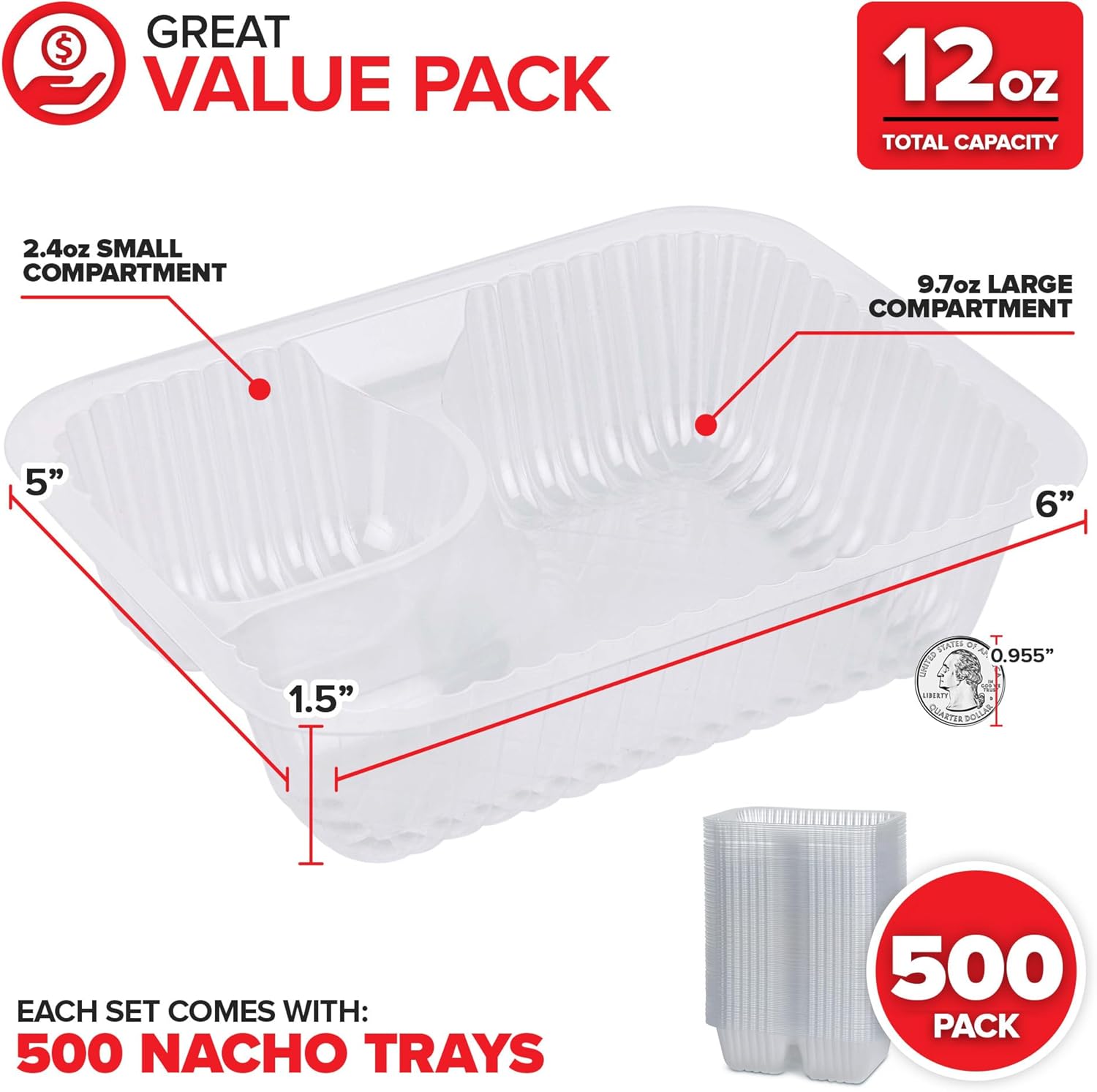 12oz Plastic Nacho Trays (500 Pack) Small Disposable Tray for Nachos & Cheese Dip, Concession Stand Supplies, Movie Night Snacks for Kids, Carnival Party Decorations, Food Boats, Snack Containers