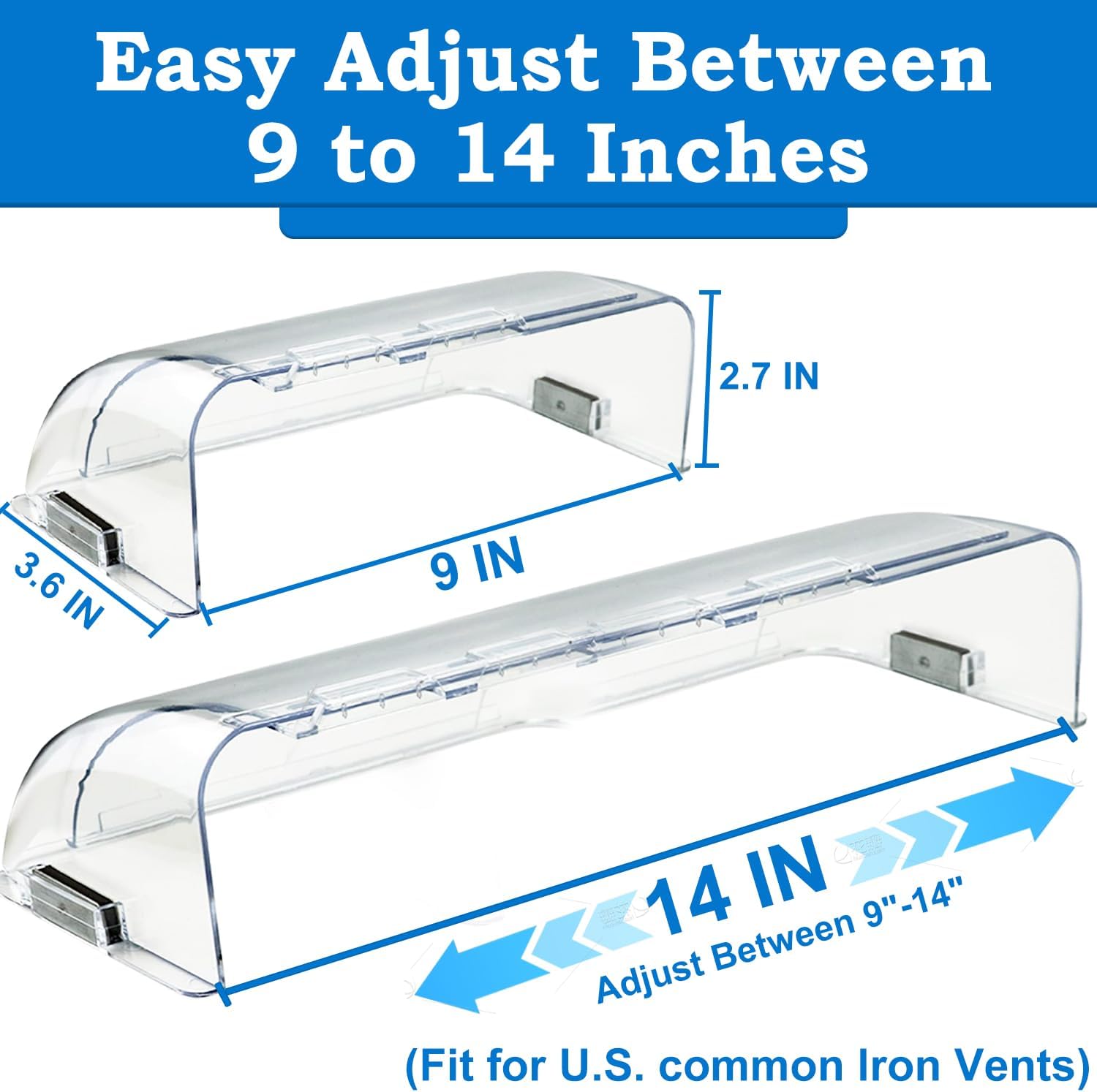 Heating & Air Vent Deflector for Vents, Sidewall, Ceiling, Floor Registers - Adjust Between 9"-14", Magnetic Vent Covers for Air Conditioning, Heat, AC, Floor, Under Furniture (2 Pack Clear)
