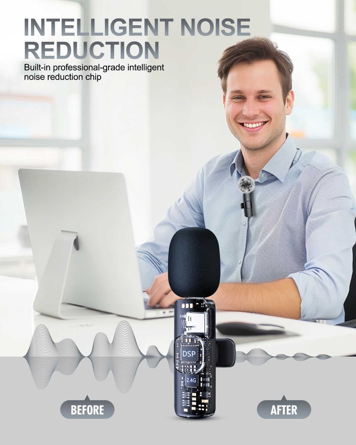 PQRQP 3 in 1 Professional Wireless Lavalier Microphone for iPhone/Android/Camera, Wireless Microphones, Mini Microphone, Crystal Clear Sound Quality for Recording, Live Streaming, Clips-Elegant Black