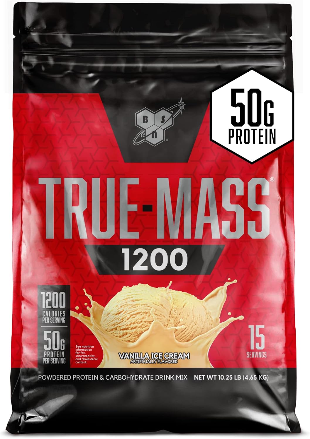BSN True-Mass Weight Gainer, 4:1 Ratio, Vanilla Ice Cream, 15 Servings