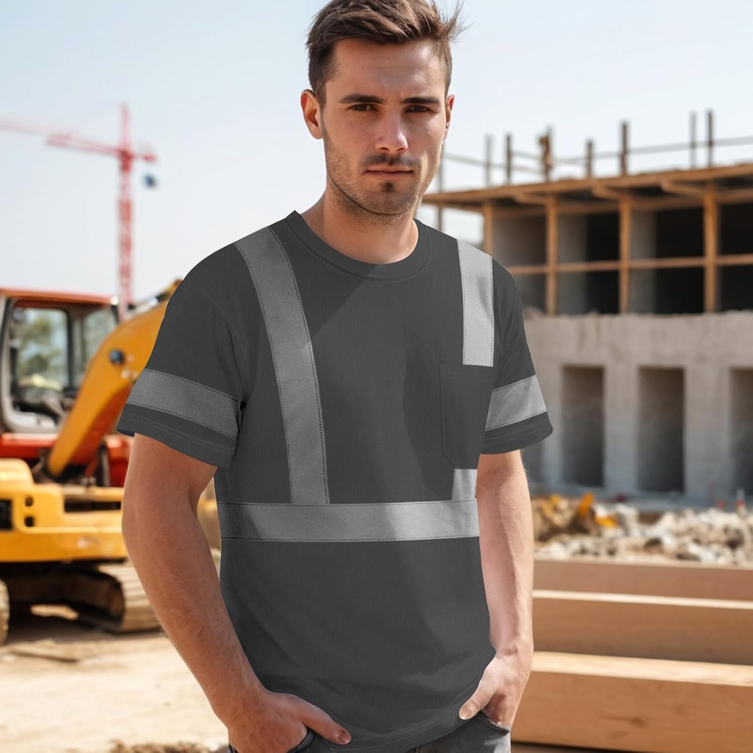 High Visibility Shirts for Men Class 2 Hi Vis Reflective Safety ConstrUCRtion Shirts for Men Women, Short Sleeve Work Shirts, Meet ANSI, Durable & Breathable, UCR-Dark Grey L,3PACK