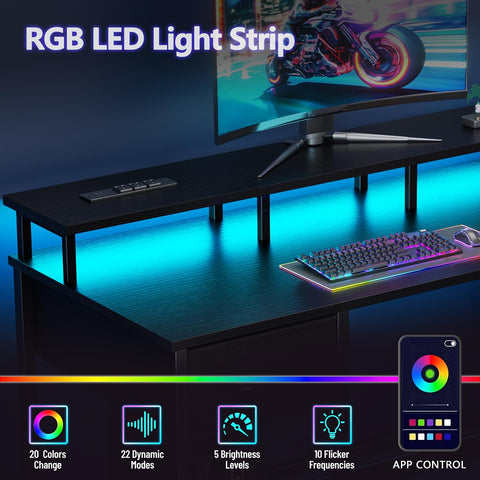 Korfile 47 Inch Gaming Computer Desk with Power Outlets,LED,5 Drawers,Black