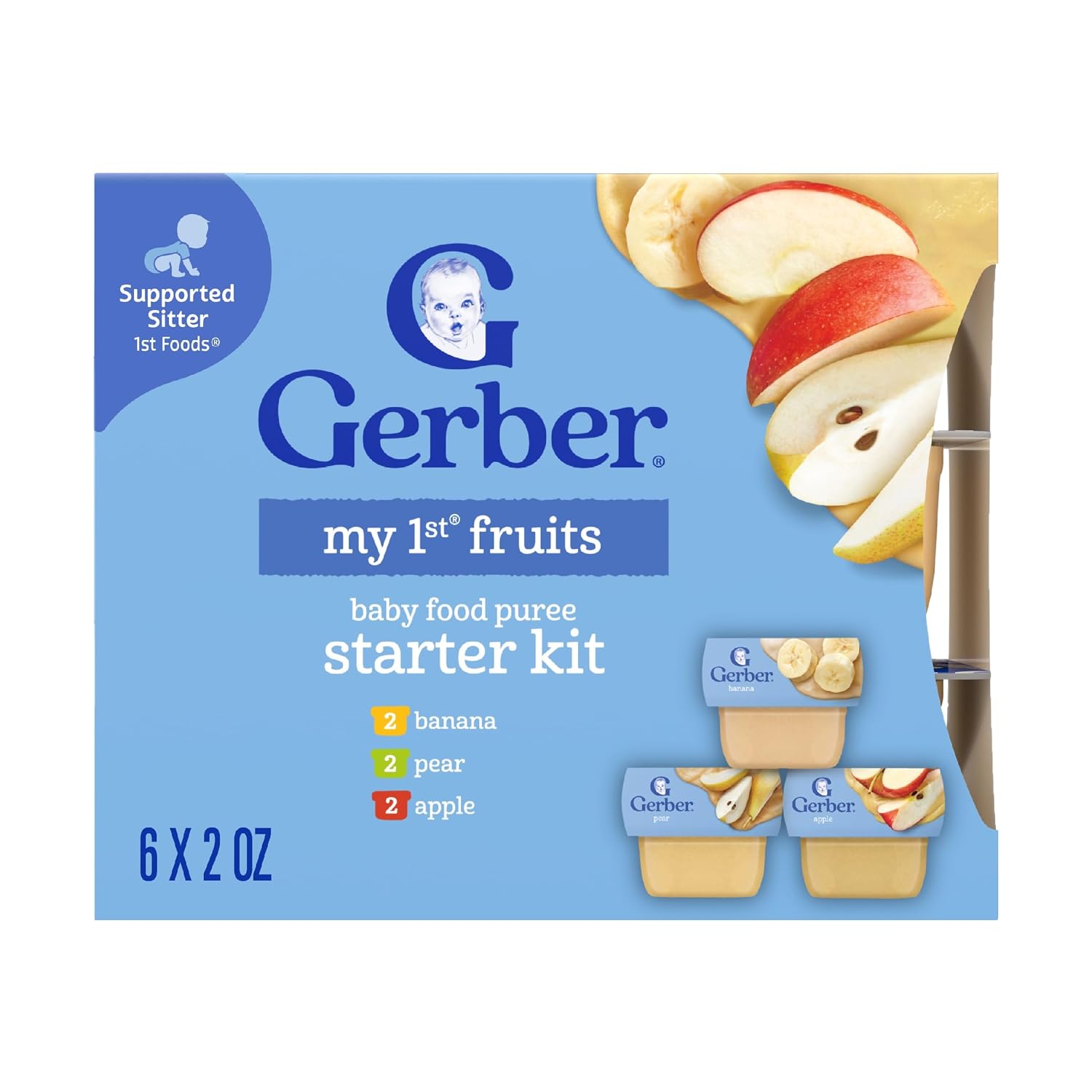 Gerber My 1st Fruits Starter Kit, Banana, Pear & Apple Puree, 2 Ounce Tubs, 2-Pack (Set of 6) with Gerber Bib Set, Pink