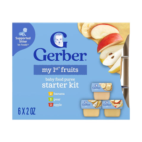 Gerber My 1st Fruits Starter Kit, Banana, Pear & Apple Puree, 2 Ounce Tubs, 2-Pack (Set of 6) with Gerber Bib Set, Pink