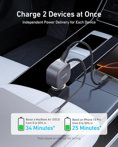 Anker 75W Fast Charging USB C Car Charger with Retractable Built-in Cable