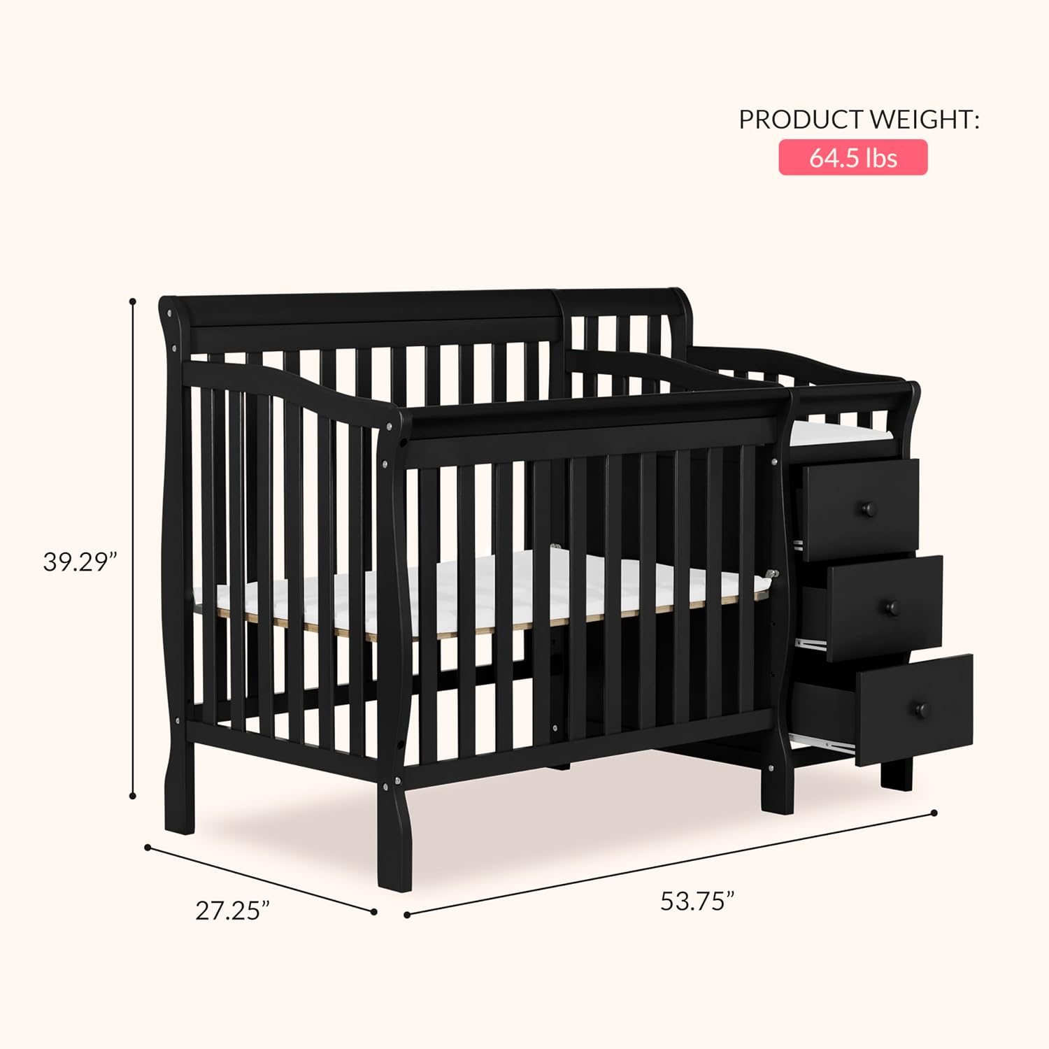 Dream On Me Jayden 4-in-1 Convertible Mini Baby Crib with 3 Drawer Changer