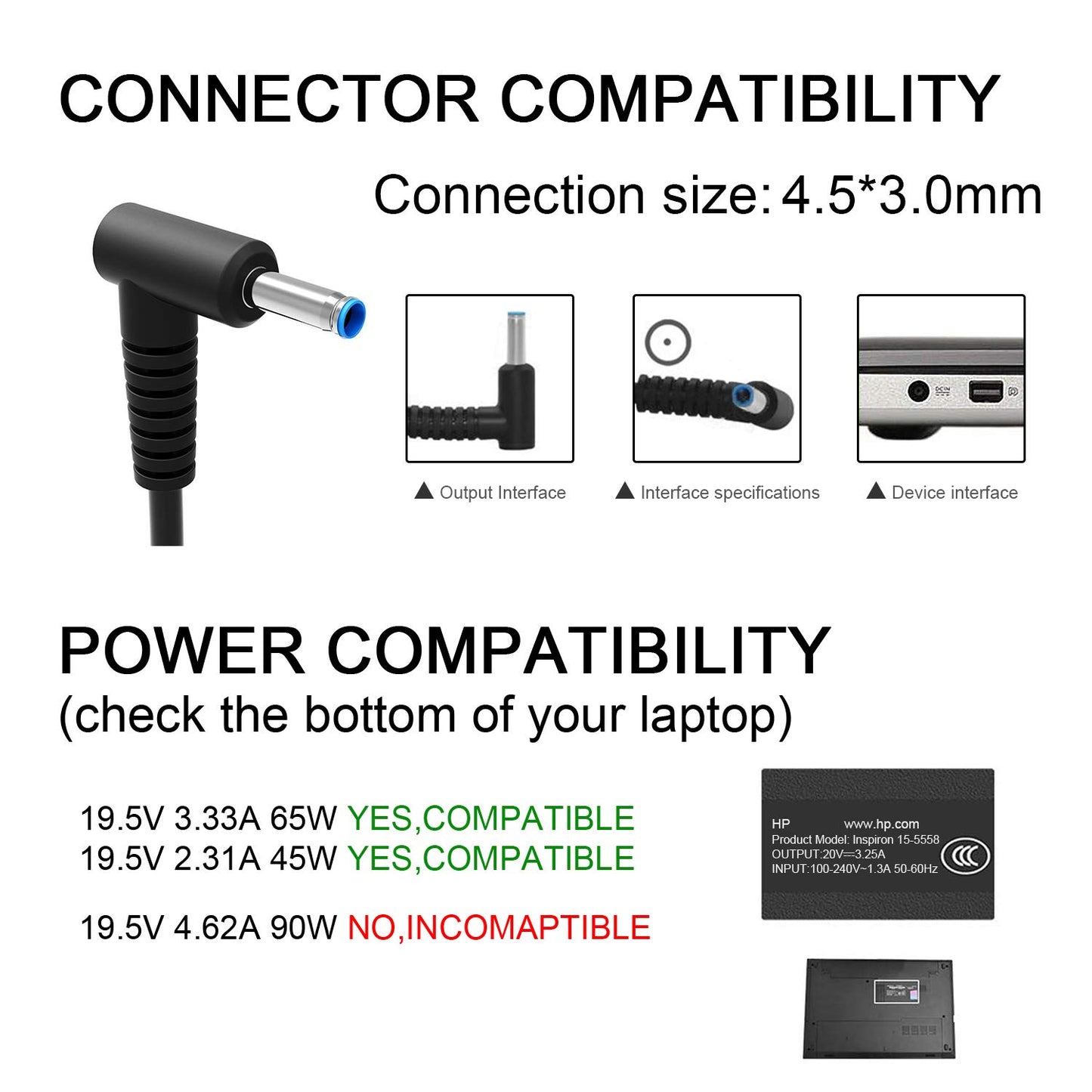 Charger for HP Laptop Computer 65W 45W Smart Blue Tip Power Adapter