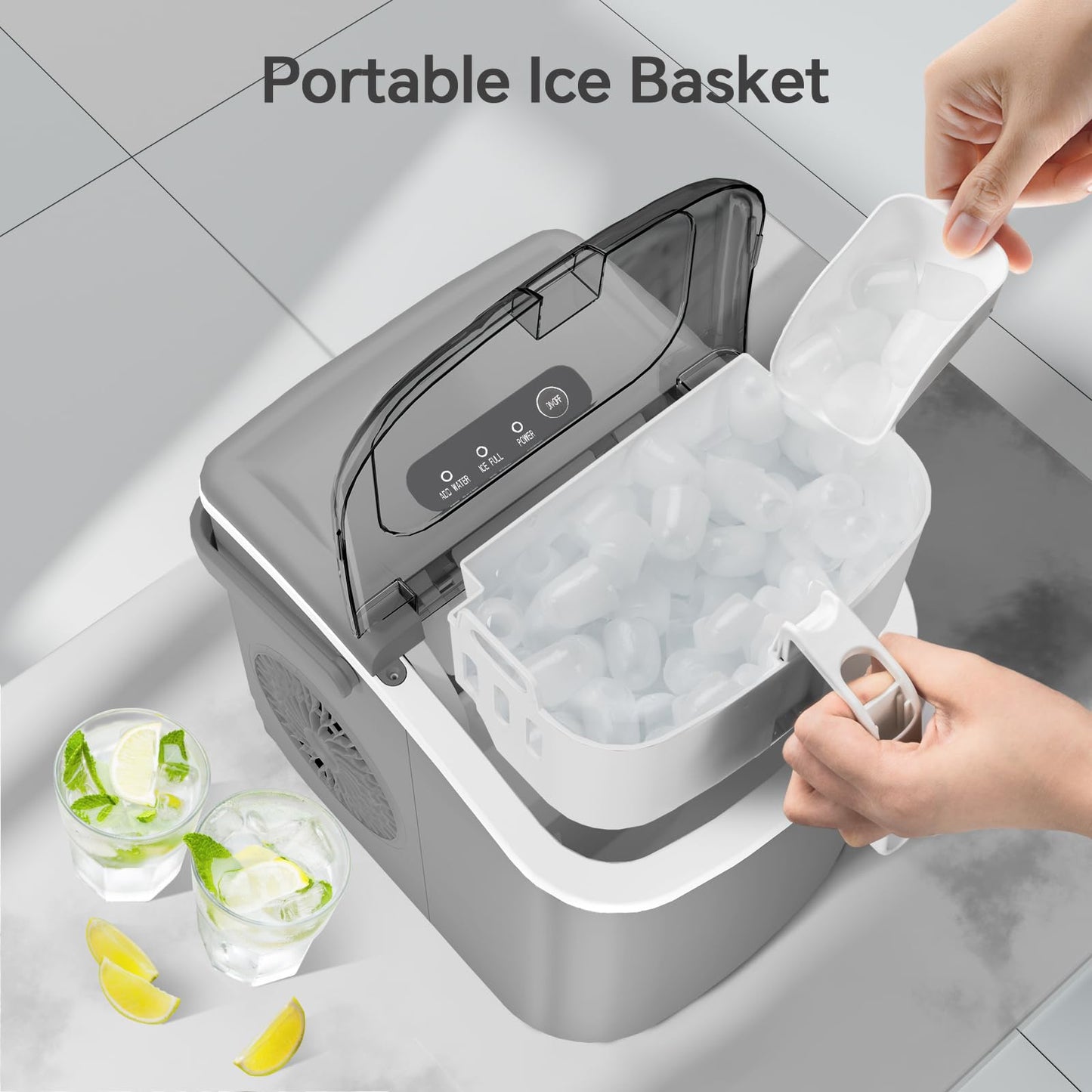 Crzoe Countertop Ice Maker Machine,Portable Ice Maker with Handle,26Lbs/24H,9 Cubes Ready in 6 Mins,Self-Cleaning Ice Makers with Ice Bags and Scoop Basket,for Home/Office(Grey)