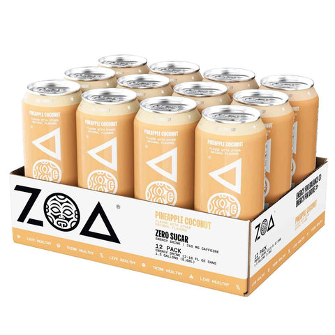 ZOA Zero Sugar Energy Drink, Pineapple Coconut, 12 Pack, 16 Fl Oz Cans | With Electrolytes, Vitamins B and C, supporting hydration with 210 mg plant based caffeine from green tea and green coffee