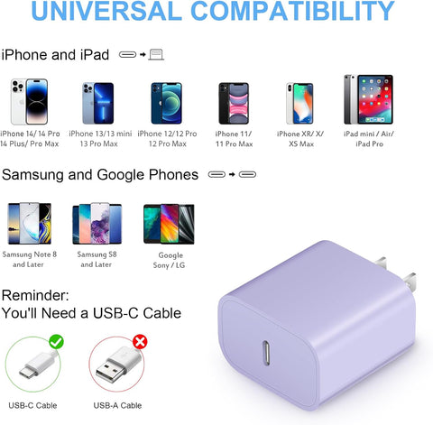 iPhone 17 Charger Block, USB C Charger Block 20W Type C Wall Charger for iPhone 17/17 Air/17 Pro/17 Pro Max, 16 15 14 13 12 11, iPad, Google, Samsung and More Fast Charging Power Adapter - Purple