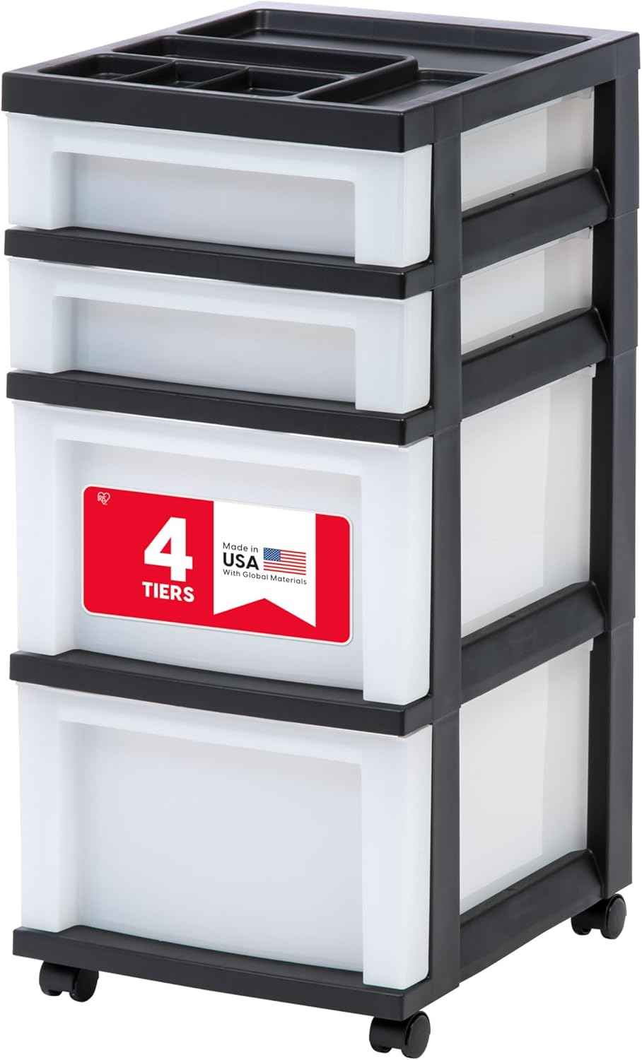 IRIS USA 4-Drawer Rolling Storage Cart with Organizer Top, Black/Pearl | Keep craft supplies, office essentials, classroom items, and accessories organized with easy-access drawers for daily use
