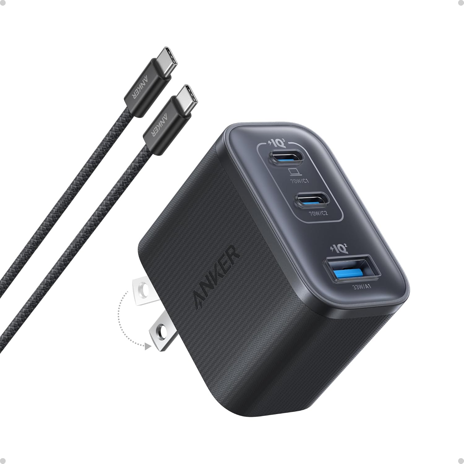 Anker Nano 70W Max 3-Port Fast Charger USB C, Type C Charger Fast Charging