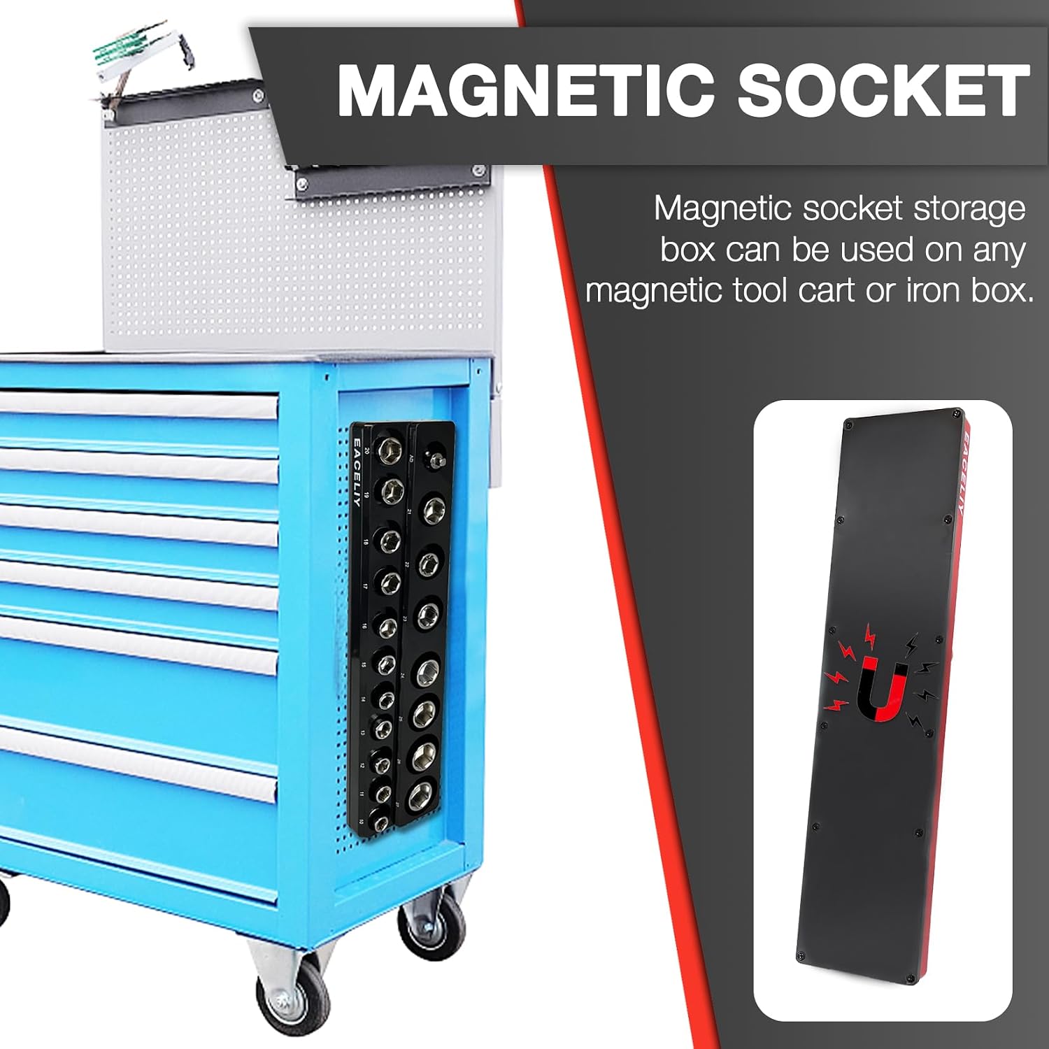 EACELIY Magnetic Socket Organizer Set,Metric Socket Holder Kit, Socket Trays，holds 75 Deep and Shallow 3/8" Sockets(sockets not included) 丨3Pcs 1/2", 1/4" and 3/8" （Black）