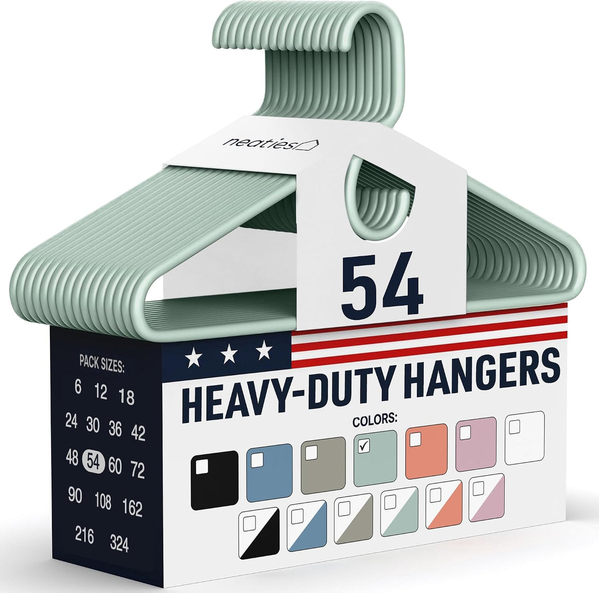 Heavy Duty Clothes Hangers 50 Pack (54 Count) – Made in the USA – 8lb Capacity Plastic Hangers for Adult Clothing – Durable for Pants, Coats, Jackets, or Jeans – Mint