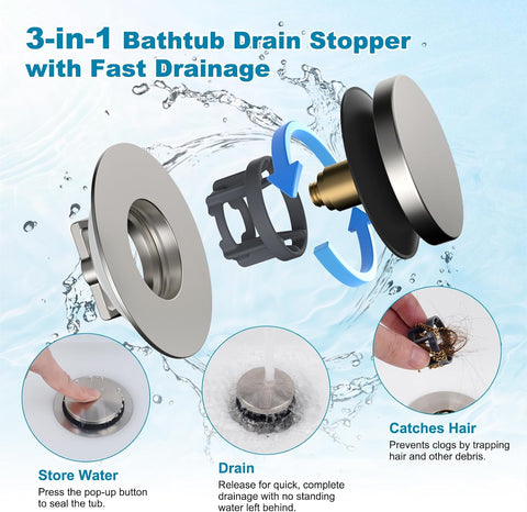 Hibbent 3 in 1 Metal Bathtub Drain Stopper, Universal Pop Up Tub Stopper