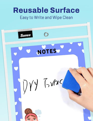 SUNEE 6 Packs Oversized Reusable Dry Erase Pocket Sleeves with Ring, White 10x14 Ticket Holders, Clear Plastic Sheet Protectors, Teacher School Classroom Supplies
