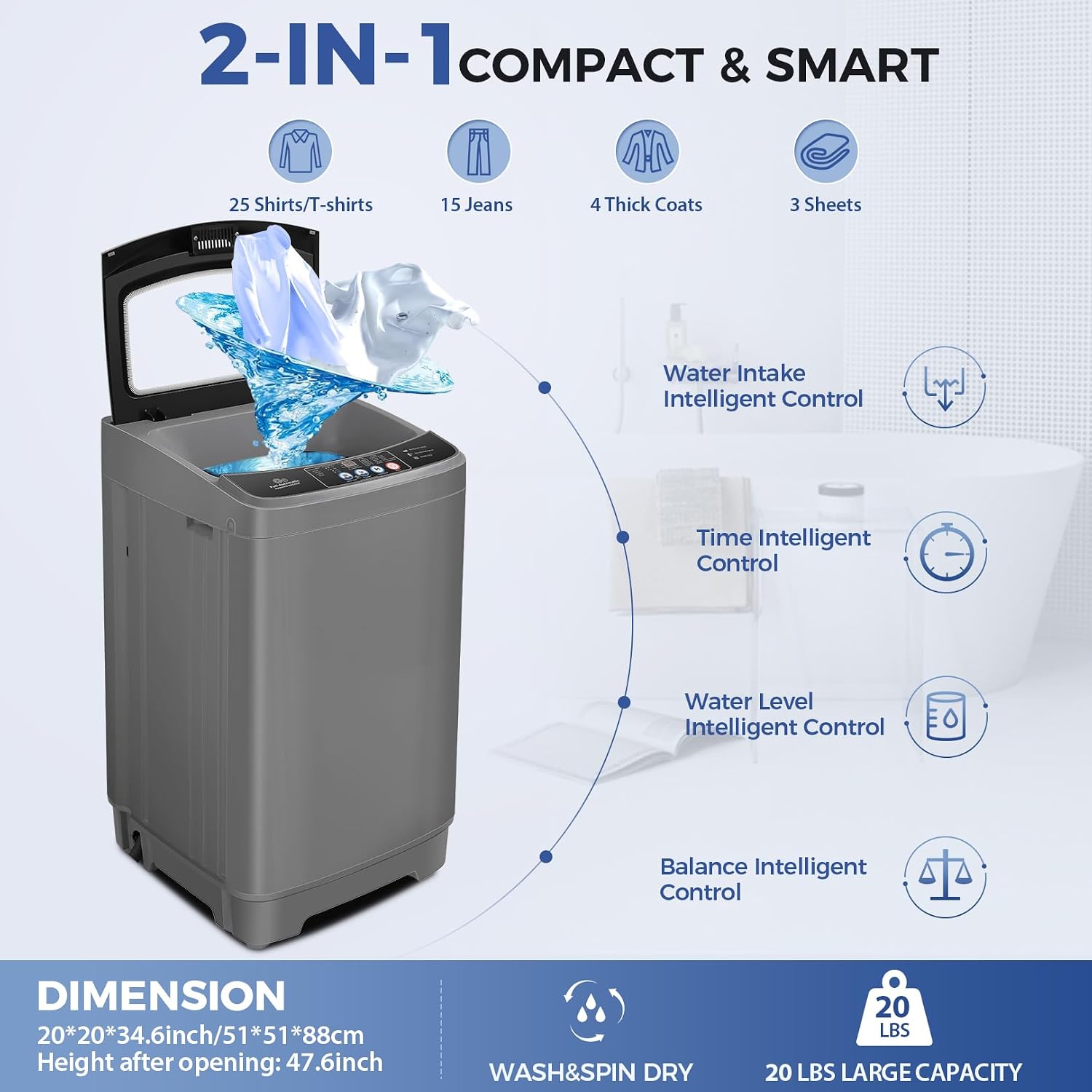 Nictemaw Portable Washing Machine, 20Lbs Capacity, Dark Gray, Glass Cover