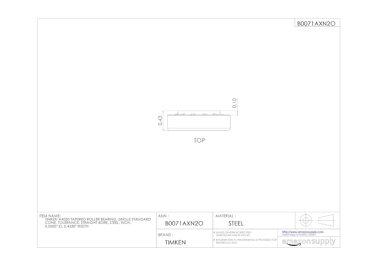 Timken A4050 Tapered Roller Bearing, Single Cone, Standard Tolerance, Straight Bore, Steel, Inch, 0.5000" ID, 0.4330" Width