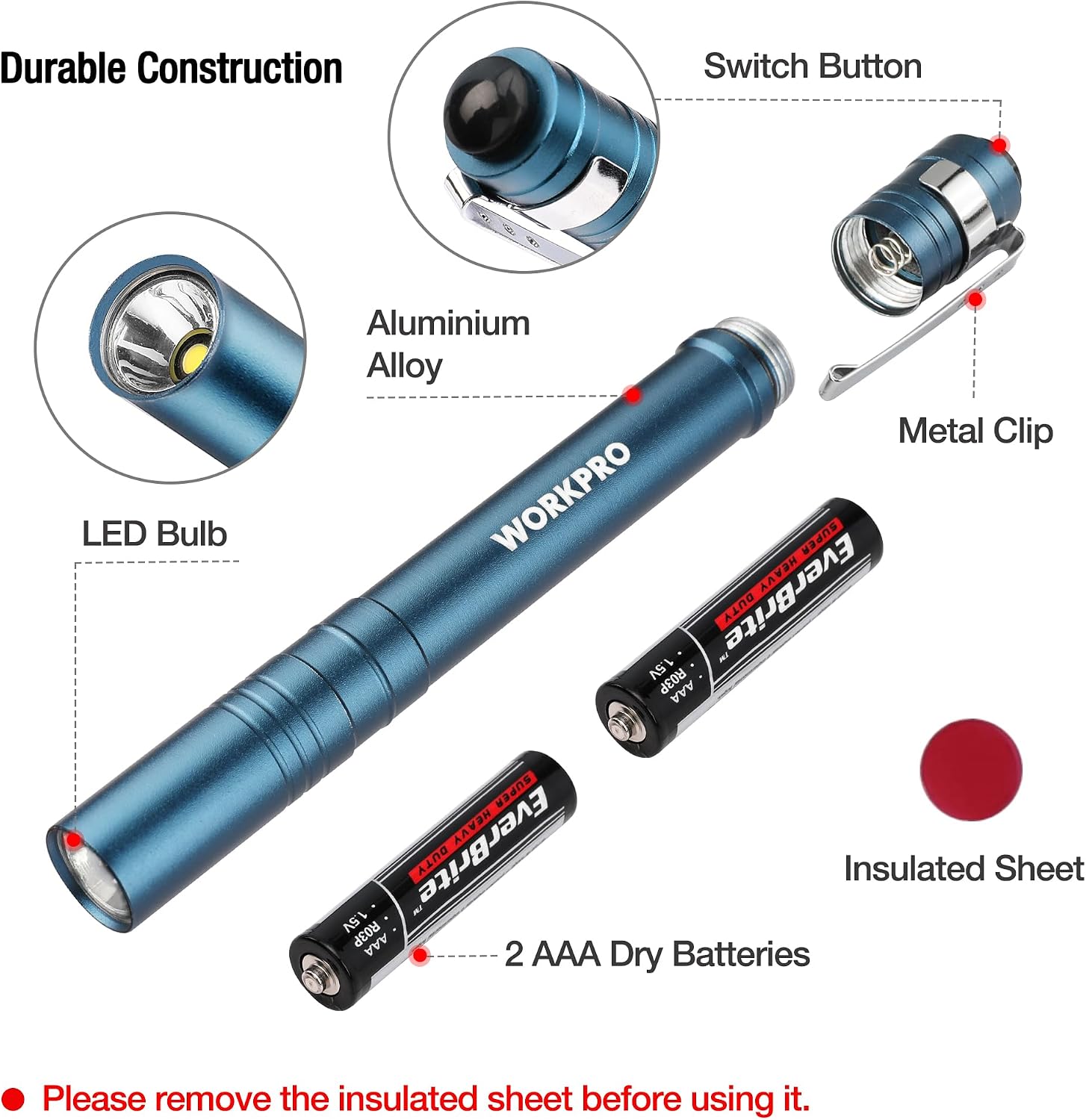 WORKPRO LED Pen Light, Aluminum Pen Flashlight, Pocket Flashlight with Clip