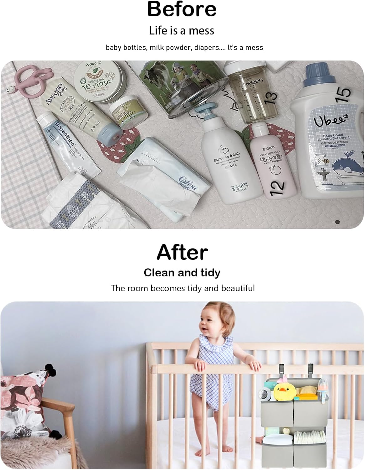 Hanging Diaper Organizer for Crib/Playard/Bassinet/Playpen – Hold 80+ Diapers - Changing Table Diaper Holder - Hanging Diaper Storage Stacker Nursery Caddy Organizer for Newborns (Silver-gray)