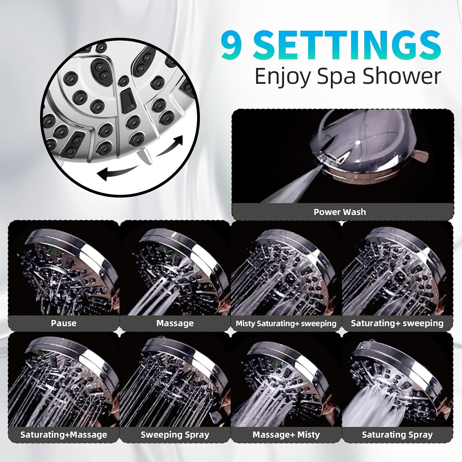 BESAQUO 9 Functions High Pressure Shower Head with Handheld,Built-in Pause Mode&Power Wash,Non-Clogging Nozzles,6ft Hose&Bracket