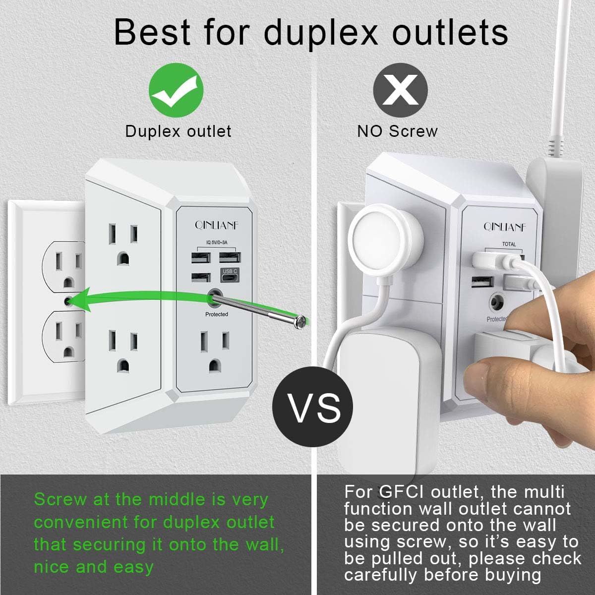 Wall Charger, Surge Protector, QINLIANF 5 Outlet Extender with 4 USB Ports