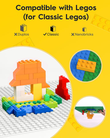 Pokiiulk Classic White Baseplates, 32x32 Studs Square Base Plates for Play or Display Bricks Creations, Compatible with Classic Bricks, 10" x 10", Pack of 2, Perfect for City Streets, Grounds