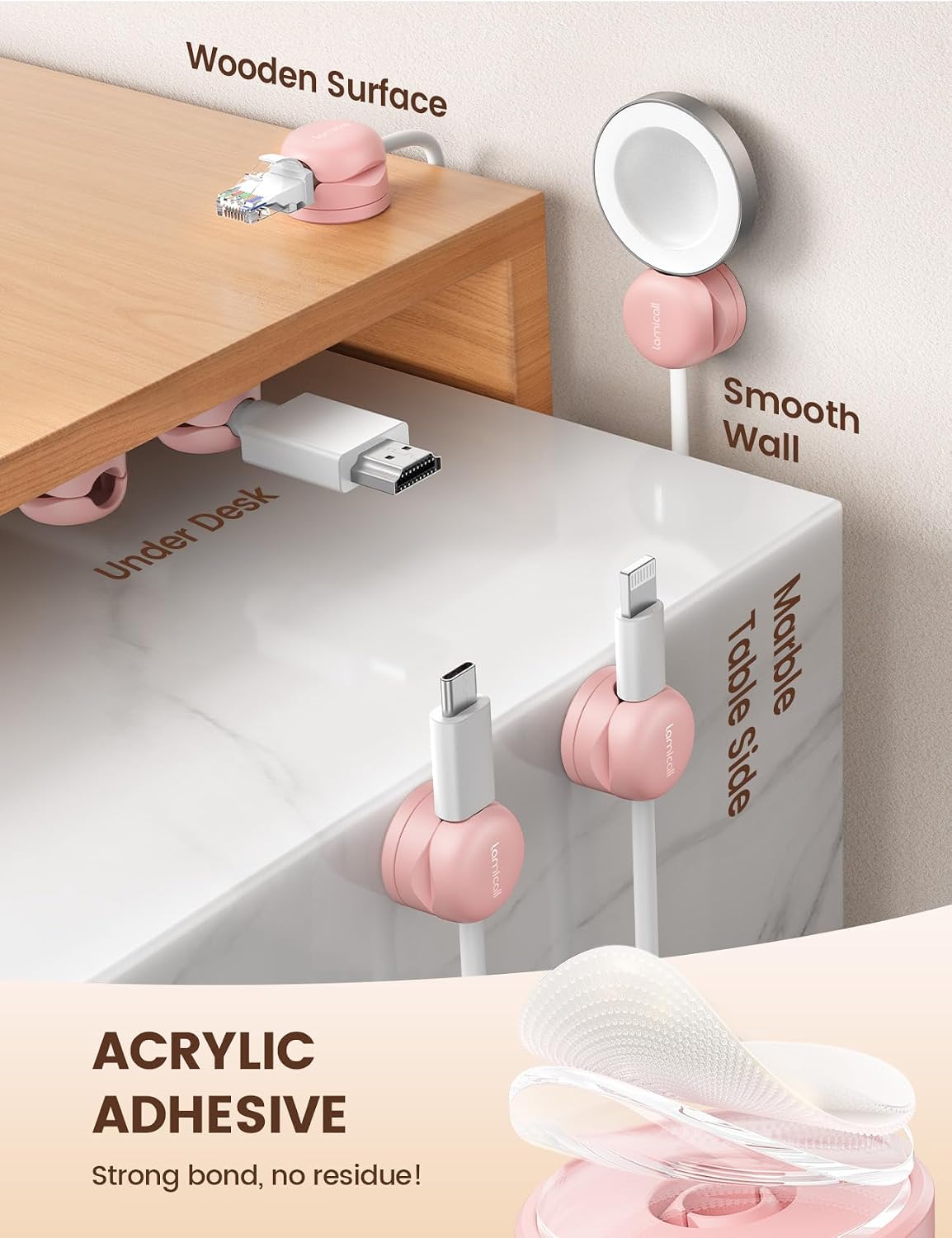 Lamicall 6 Pack Pink Rotatable Spring Cord Organizer Cable Clips