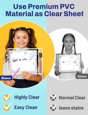 SUNEE 6 Packs Oversized Reusable Dry Erase Pocket Sleeves with Ring, White 10x14 Ticket Holders, Clear Plastic Sheet Protectors, Teacher School Classroom Supplies