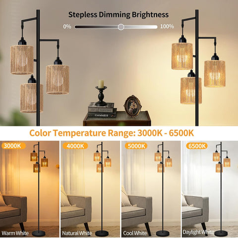 Hotsonic 72" Remote Boho Rattan Tree Floor Lamp, Tall Dimmable Industrial Standing Lamp for Living Room Bedroom, 1H Timer, 3 Individually Controlled Heads, 2 Height Options, 3 LED Bulbs Included-Black