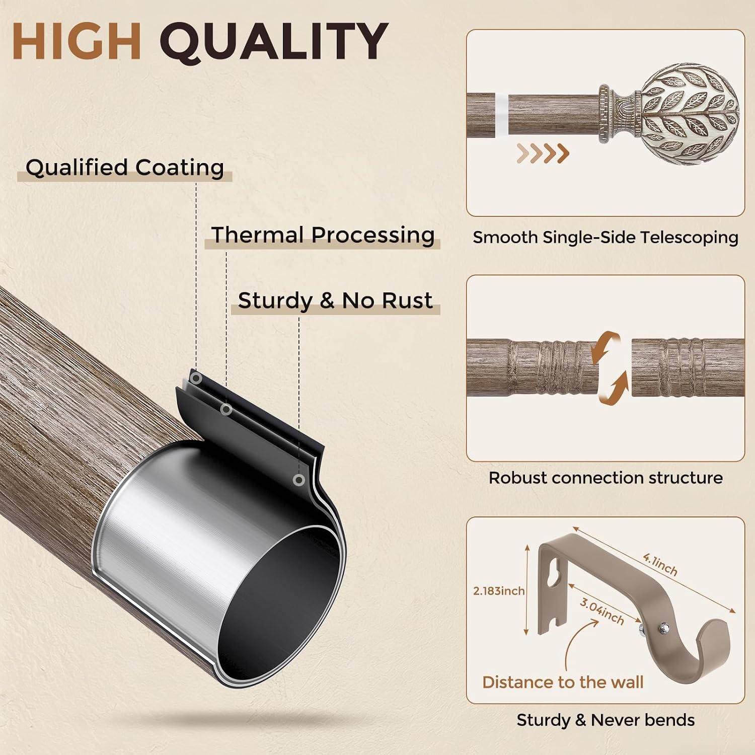 Curtain Rod 36-91 Inch, Boho Wood 1 Inch Curtain Rods for Windows