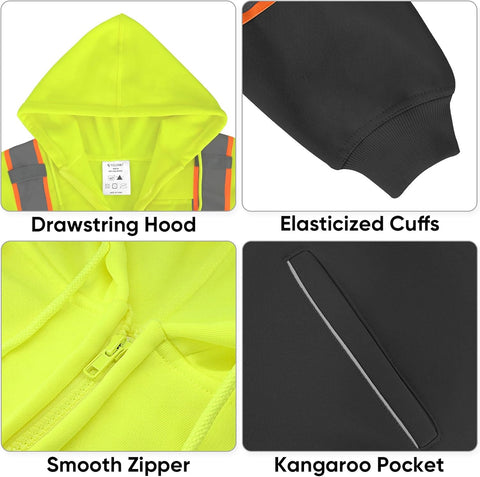 TICONN Hi Vis Safety Hoodie, ANSI Class 3 Reflective Fleece Sweatshirt