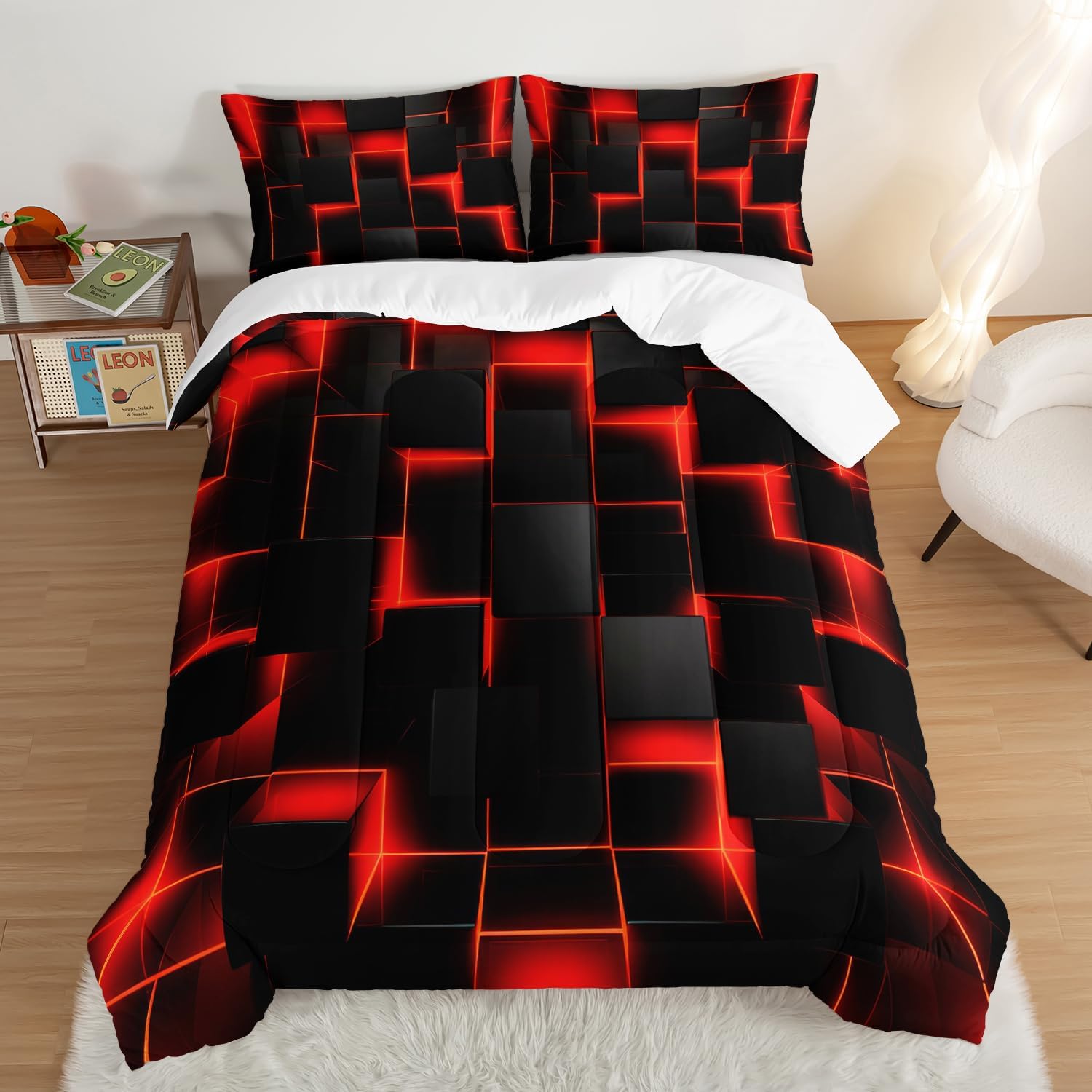 HOSIMA Red Black Geometric Honeycomb Queen Comforter with 2 Pillowcases.