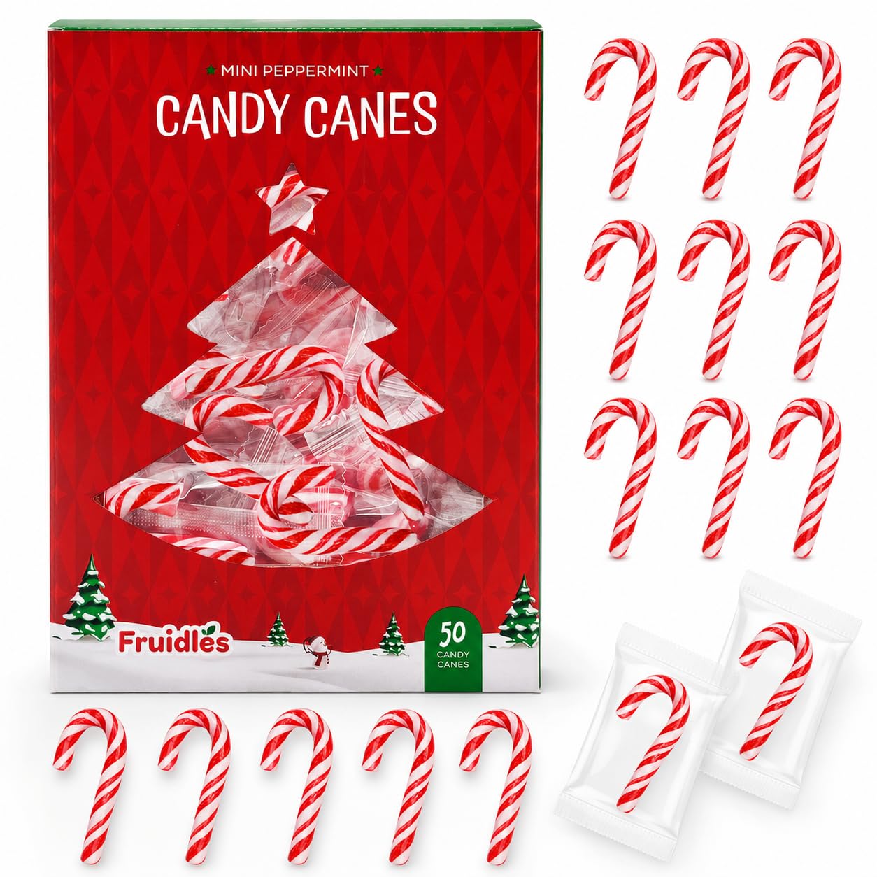 Fruidles 50-Pack Christmas Candy Canes Mini's Suckers, Peppermint Flavor, Individually Wrapped, 2" Inch
