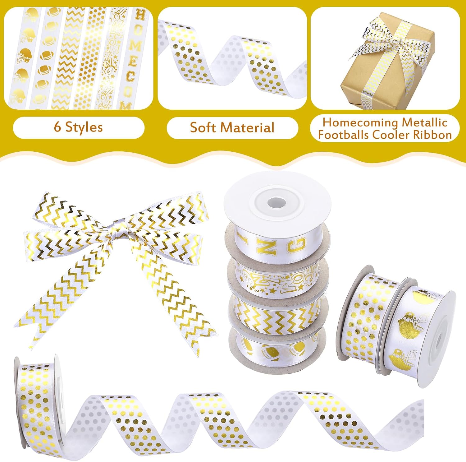 60 Yard Homecoming Mum Ribbon 7/8 Inch Gold Football Satin Ribbon