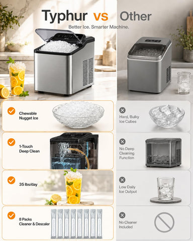 Typhur Nugget Ice Maker Countertop, One-Touch Deep Cleaning, Arctic Silver