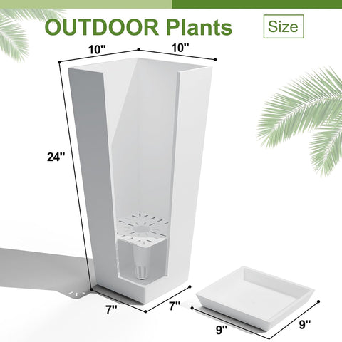 24" Set of 2 Tall White Planters for Outdoor Plants, Tapered