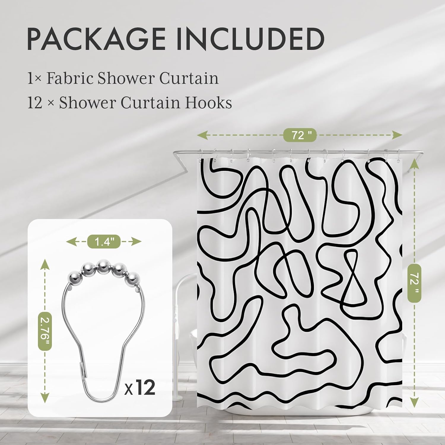 AmazerBath Shower Curtain, Washable Cloth Black and White Shower Curtain Sets with 12 Metal Shower Curtain Hooks, Rustic Abstract Black Lines Art Fabric Shower Curtains for Bathroom Decor, 72x72 Inch