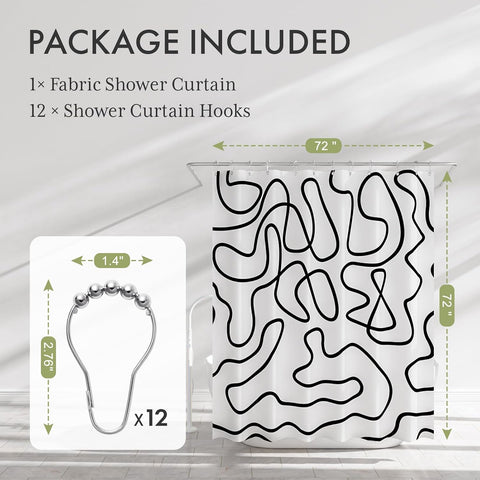 AmazerBath Shower Curtain, Washable Cloth Black and White Shower Curtain Sets with 12 Metal Shower Curtain Hooks, Rustic Abstract Black Lines Art Fabric Shower Curtains for Bathroom Decor, 72x72 Inch