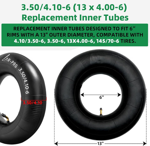 AR-PRO 3.50/4.10-6 (13 x 4.00-6) Replacement Inner Tubes for 6-Inch Rim Tires with TR-87 Bent Valve, Heavy-Duty Inner Tubes for Lawn Mowers, Wheelbarrows, Hand Trucks, Dollies – 2 Pack