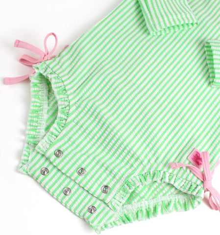 RuffleButts Baby Girls Seersucker Rash Guard - One Piece Swimsuit UPF 50+