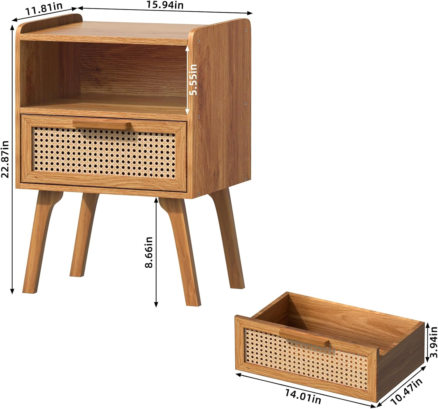 Lerliuo Rattan Nightstand, Side Table with Drawer Open Shelf