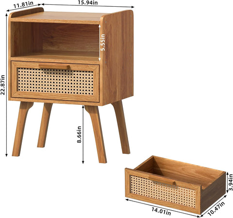 Lerliuo Rattan Nightstand, Side Table with Drawer Open Shelf