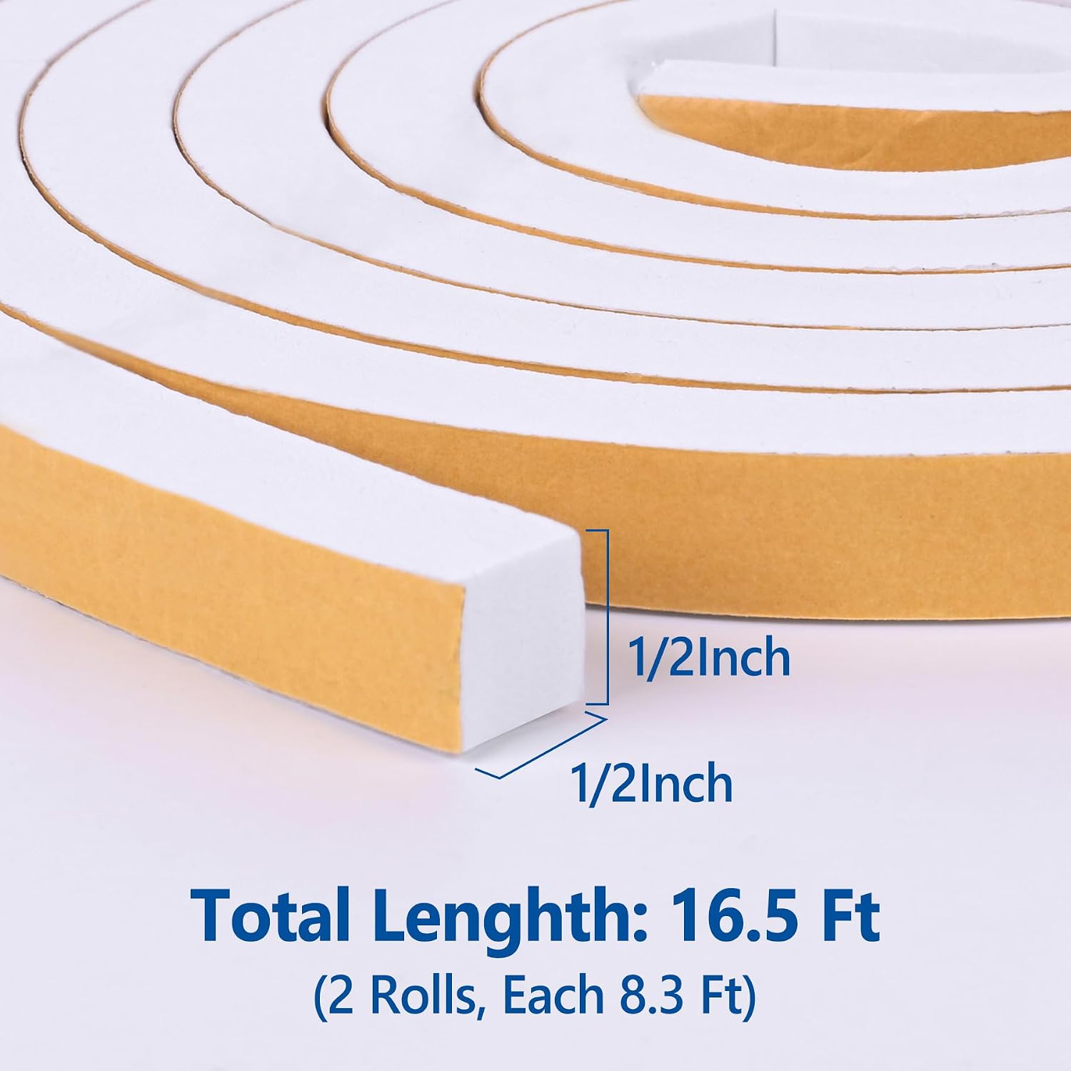 Kikerike Self Adhesive Foam Tape Weatherstrip 1/2in x 1/2in x 16.5Ft High Density Foam Insulation Strips Seal Weather Stripping with Strong Adhesive for Door and Window Sound Isolation Soundproofing