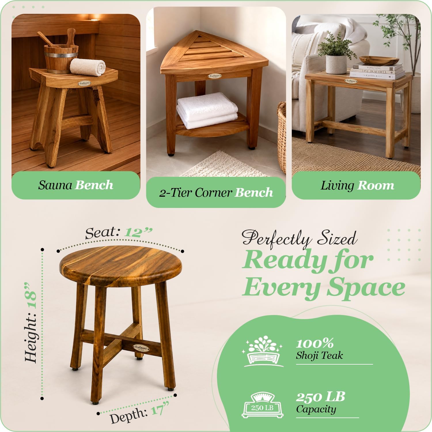 EcoDecors Shoji 12-Inch Round Teak Shower Stool, Waterproof, Storage