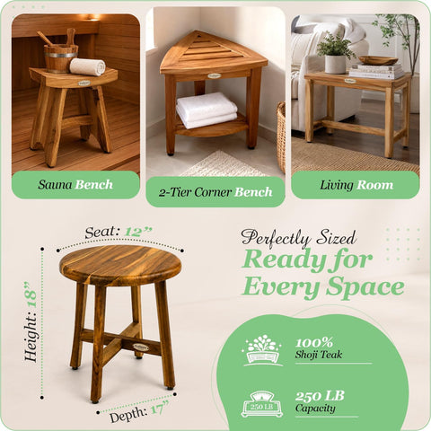 EcoDecors Shoji 12-Inch Round Teak Shower Stool, Waterproof, Storage