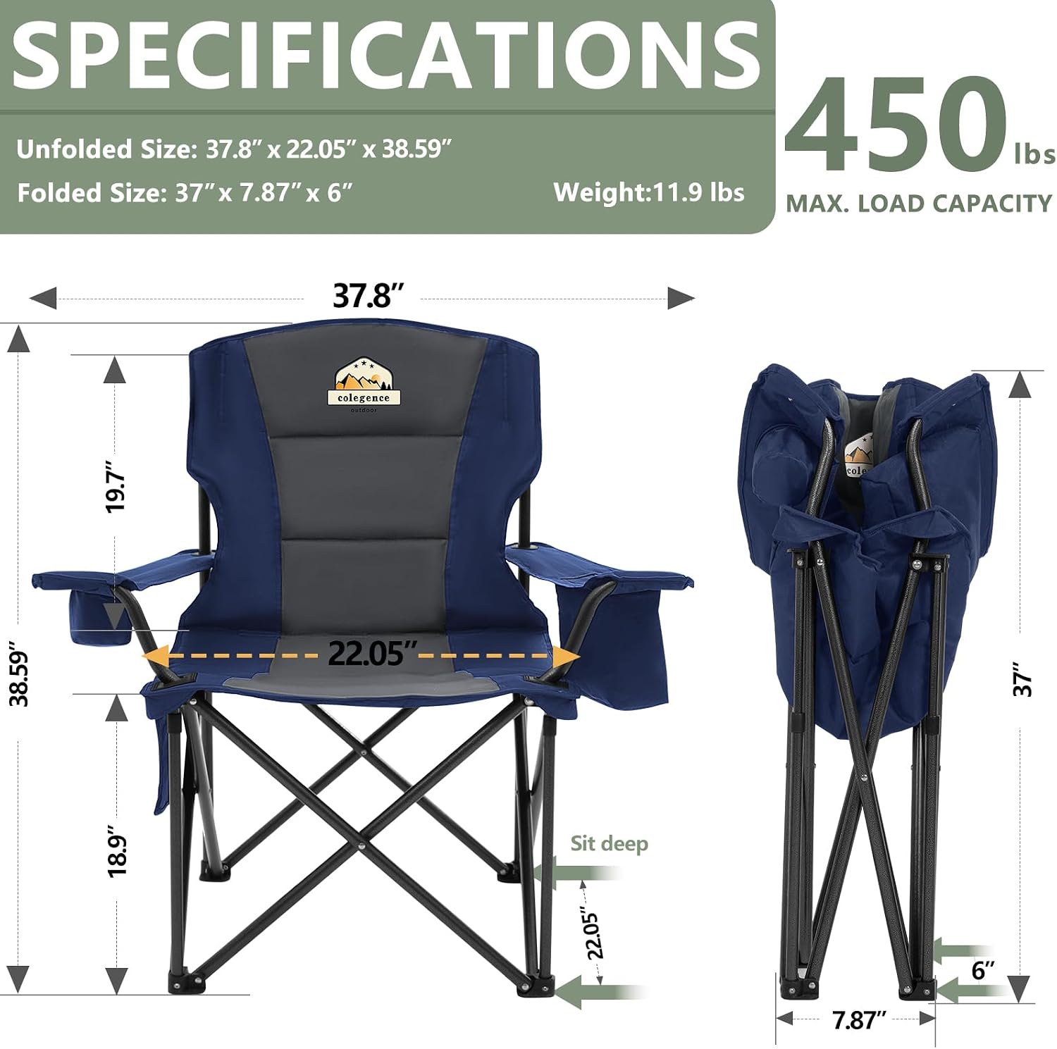 Colegence Oversized Heavy Duty Camping Chairs, 2 Pack, 450 lb, Blue