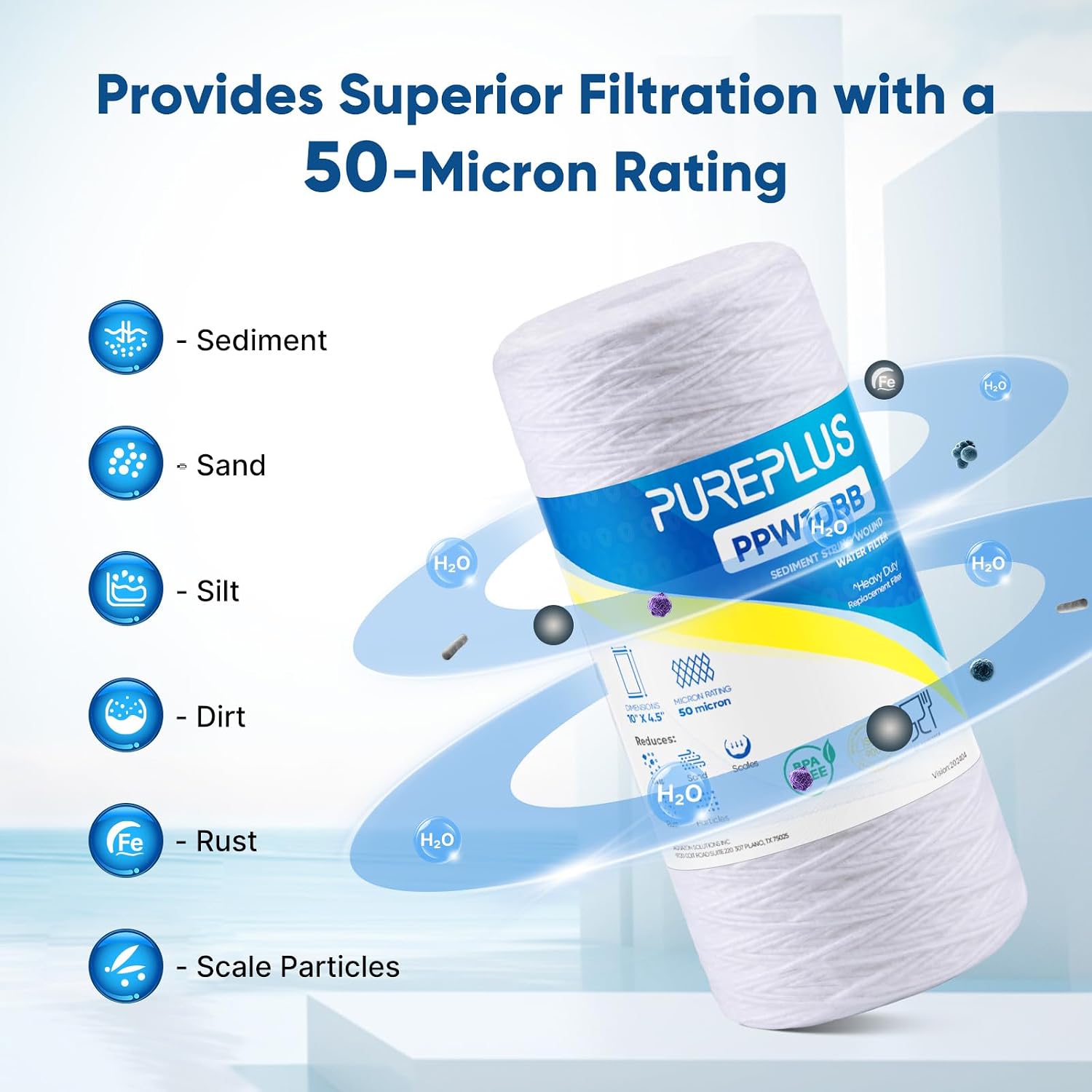 PUREPLUS 50 Micron 10 x 4.5 Whole House Water Filter for Well Water 3 Pack